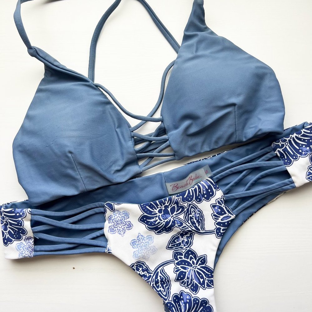 Beach Babe Swimswear White and Blue Floral Set